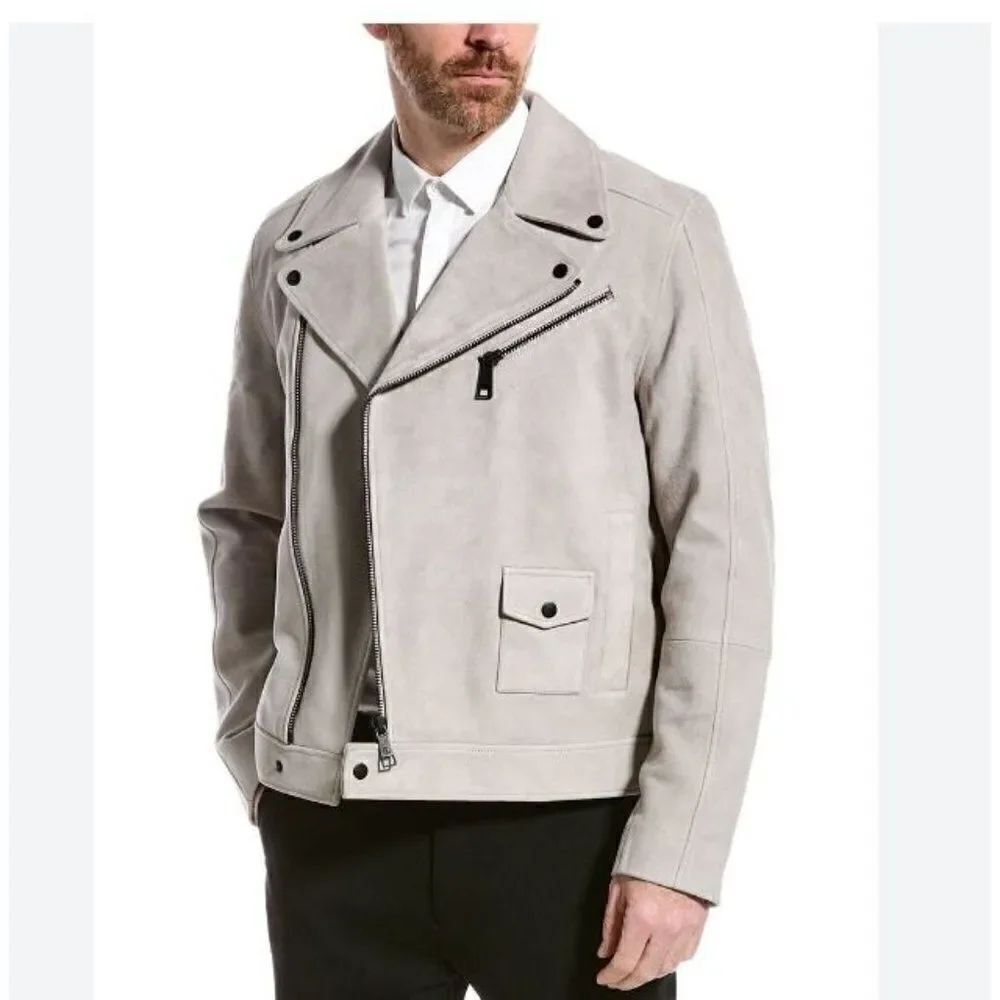 Ted Baker London Mens Lowca Suede Biker Jacket Light Gray Sz 5 US XL NWT $1095